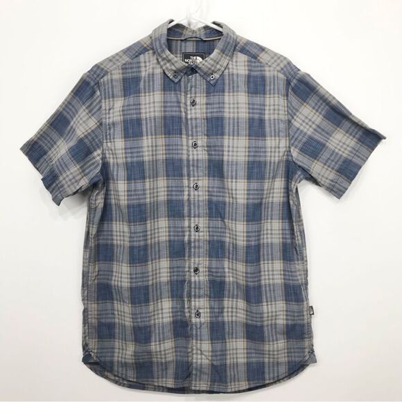 The North Face Blue Tan Plaid Short Sleeve Casual Button Down Performance Shirt - Picture 1 of 16